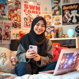 A young woman wearing a hijab, looking stylish and vibrant, sitting alone in a cozy room filled with anime posters and K-Pop merchandise