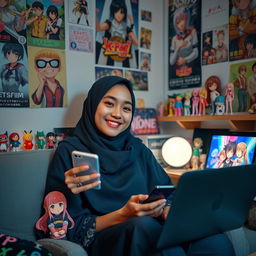 A young woman wearing a hijab, looking stylish and vibrant, sitting alone in a cozy room filled with anime posters and K-Pop merchandise