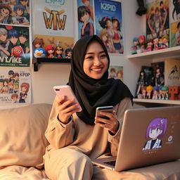 A young woman wearing a hijab, looking stylish and vibrant, sitting alone in a cozy room filled with anime posters and K-Pop merchandise