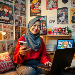 A young woman wearing a hijab, looking stylish and vibrant, sitting alone in a cozy room filled with anime posters and K-Pop merchandise