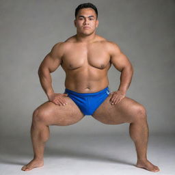 A Samoan wrestler of average build not overly muscular, in a dynamic pose, wearing the team uniform displaying the Geneseo name and colors