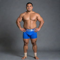 A Samoan wrestler of average build not overly muscular, in a dynamic pose, wearing the team uniform displaying the Geneseo name and colors