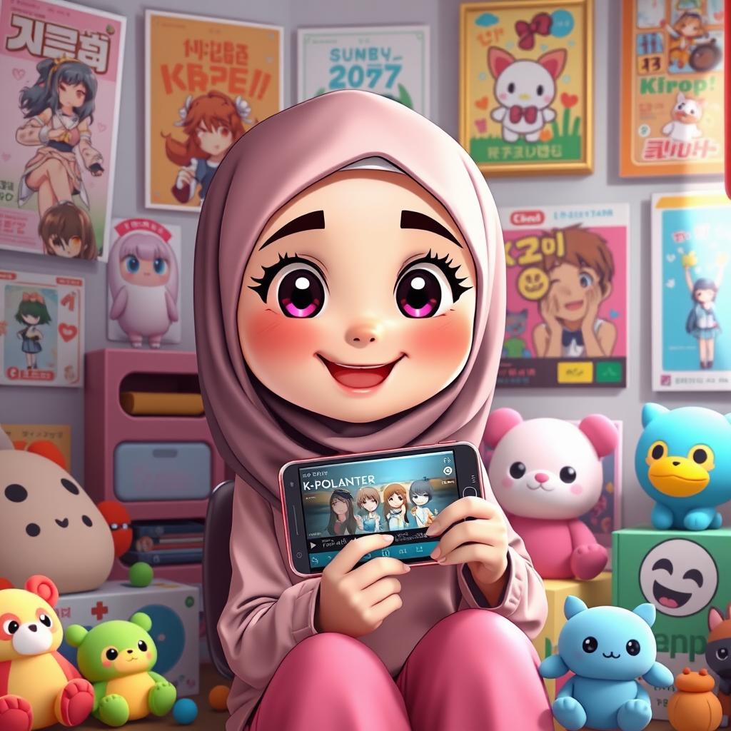 A cartoon character inspired by DreamWorks style, depicting a young woman wearing a hijab, sitting alone in a colorful room decorated with anime posters and K-Pop albums