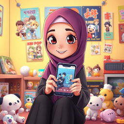 A cartoon character inspired by DreamWorks style, depicting a young woman wearing a hijab, sitting alone in a colorful room decorated with anime posters and K-Pop albums