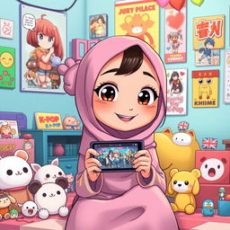 A cartoon character inspired by DreamWorks style, depicting a young woman wearing a hijab, sitting alone in a colorful room decorated with anime posters and K-Pop albums