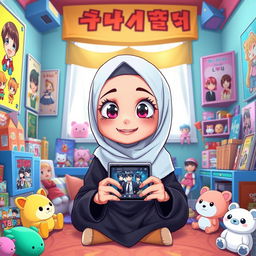 A cartoon character inspired by DreamWorks style, depicting a young woman wearing a hijab, sitting alone in a colorful room decorated with anime posters and K-Pop albums