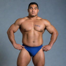 A Samoan wrestler of average build not overly muscular, in a dynamic pose, wearing the team uniform displaying the Geneseo name and colors