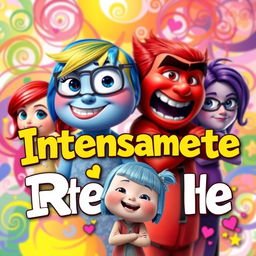 A vibrant and colorful poster inspired by the movie 'Inside Out', featuring anthropomorphic representations of emotions: Joy with bright yellow hair and a radiant smile, Sadness with blue skin and glasses, Anger with fiery red features and crossed arms, and Fear with purple hues and a cautious expression