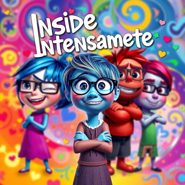 A vibrant and colorful poster inspired by the movie 'Inside Out', featuring anthropomorphic representations of emotions: Joy with bright yellow hair and a radiant smile, Sadness with blue skin and glasses, Anger with fiery red features and crossed arms, and Fear with purple hues and a cautious expression