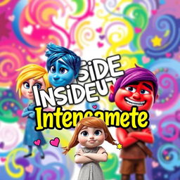 A vibrant and colorful poster inspired by the movie 'Inside Out', featuring anthropomorphic representations of emotions: Joy with bright yellow hair and a radiant smile, Sadness with blue skin and glasses, Anger with fiery red features and crossed arms, and Fear with purple hues and a cautious expression