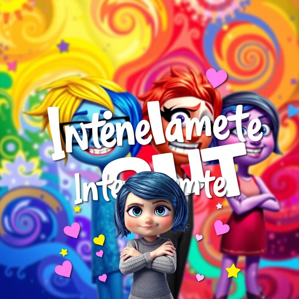 A vibrant and colorful poster inspired by the movie 'Inside Out', featuring anthropomorphic representations of emotions: Joy with bright yellow hair and a radiant smile, Sadness with blue skin and glasses, Anger with fiery red features and crossed arms, and Fear with purple hues and a cautious expression