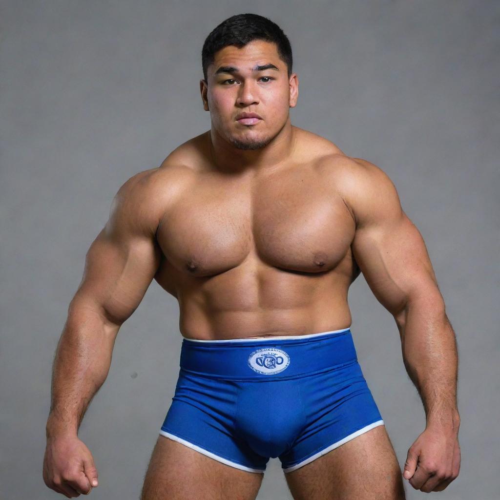 A lean Samoan wrestler with a slim but fit physique, in an action pose, while wearing the team uniform displaying the Geneseo name and colors