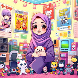 A cartoon character depicting a young woman wearing a hijab, styled in a playful and vibrant manner