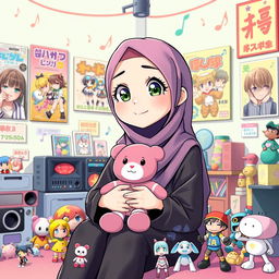 A cartoon character depicting a young woman wearing a hijab, styled in a playful and vibrant manner