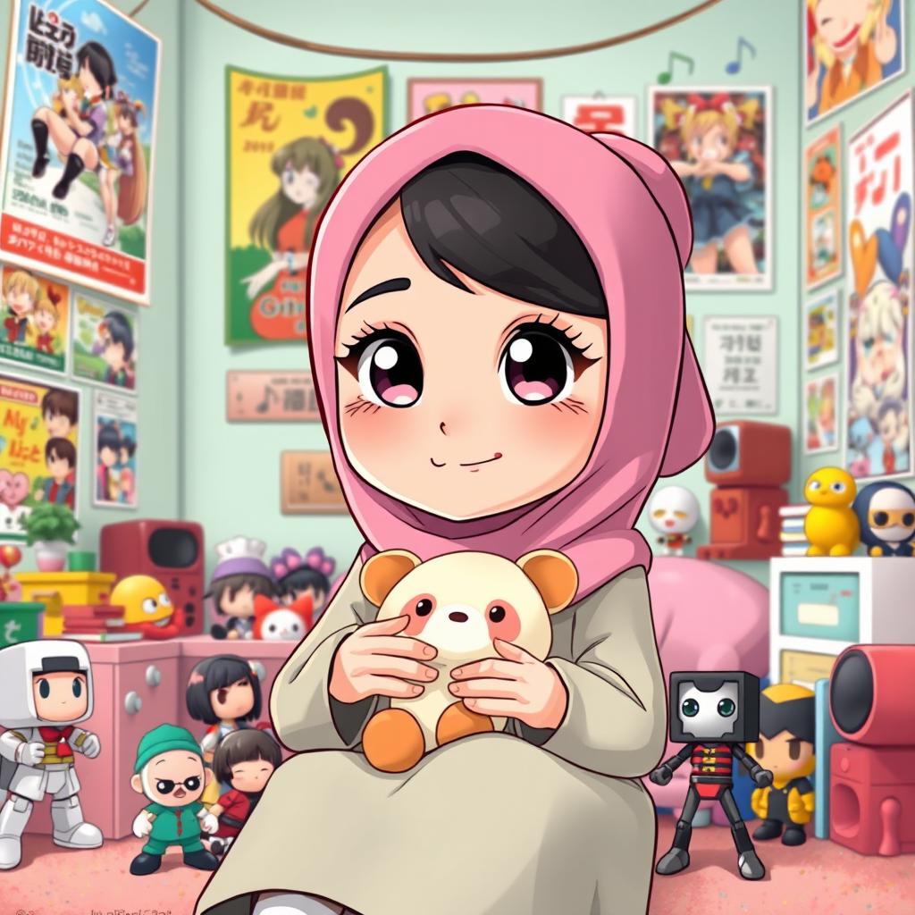 A cartoon character depicting a young woman wearing a hijab, styled in a playful and vibrant manner