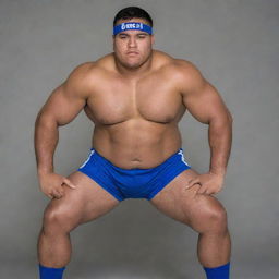 A lean Samoan wrestler with a slim but fit physique, in an action pose, while wearing the team uniform displaying the Geneseo name and colors