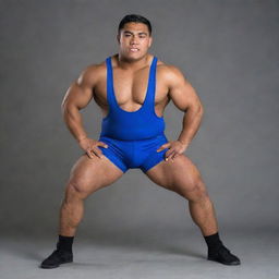 A lean Samoan wrestler with a slim but fit physique, in an action pose, while wearing the team uniform displaying the Geneseo name and colors