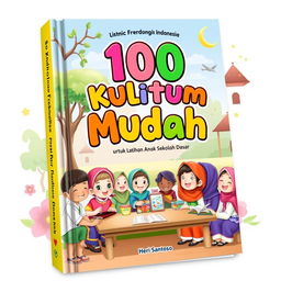 A vibrant and engaging book cover for an Islamic children's book titled '100 Kultum Mudah untuk Latihan Anak Sekolah Dasar' by author Heri Santoso