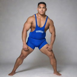 A lean Samoan wrestler with a slim but fit physique, in an action pose, while wearing the team uniform displaying the Geneseo name and colors