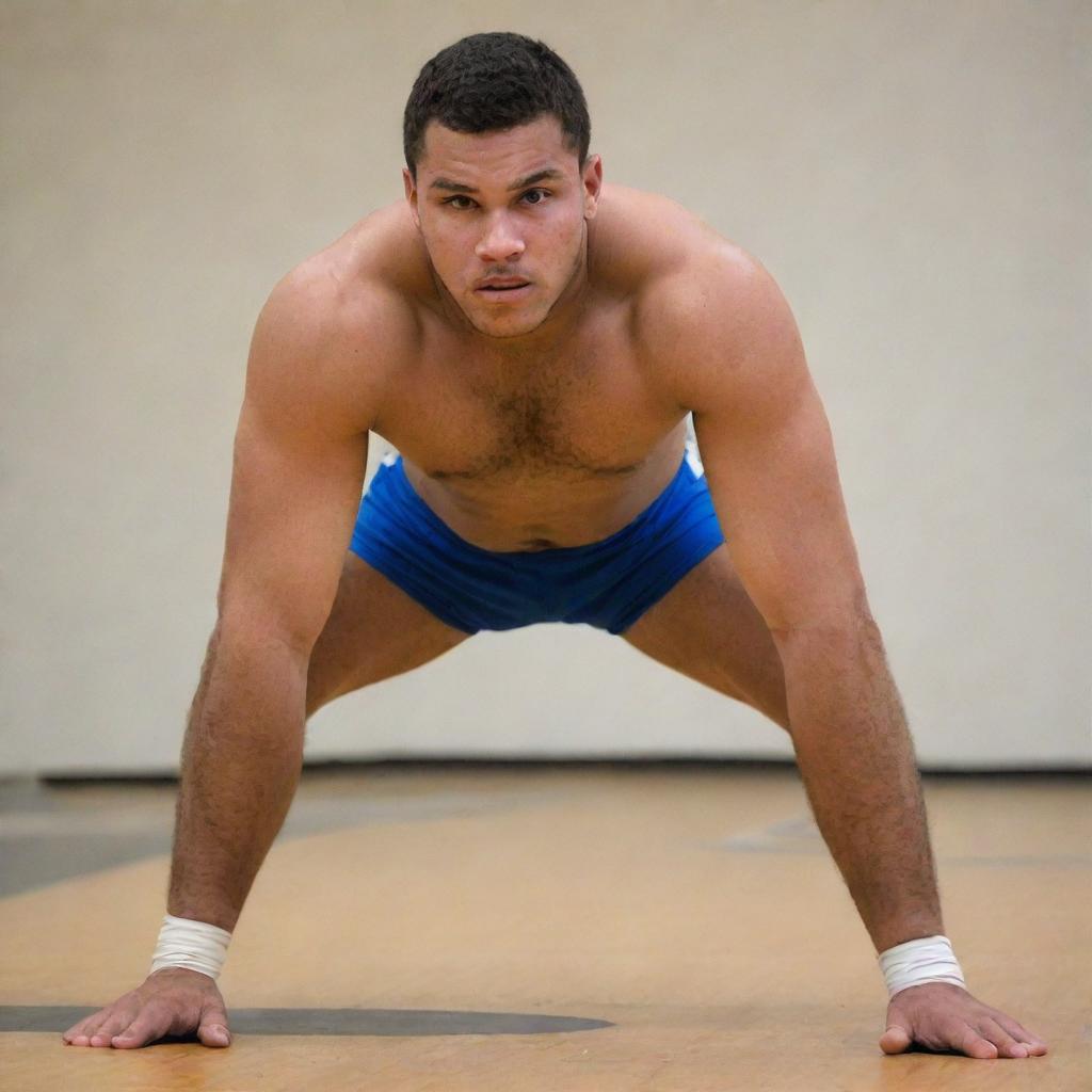 A 150-pound lean and slim Samoan wrestler, displaying agility and athleticism, wearing the team uniform with Geneseo name and colors