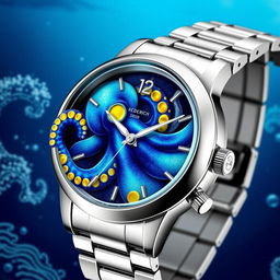 A stunning, intricately designed watch featuring a blue ringed octopus motif