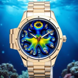 A stunning, intricately designed watch featuring a blue ringed octopus motif