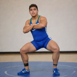 A 150-pound lean and slim Samoan wrestler, displaying agility and athleticism, wearing the team uniform with Geneseo name and colors