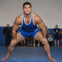 A 150-pound lean and slim Samoan wrestler, displaying agility and athleticism, wearing the team uniform with Geneseo name and colors