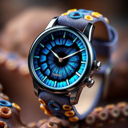 A unique and captivating watch featuring a blue ringed octopus theme