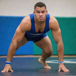 A 150-pound lean and slim Samoan wrestler, displaying agility and athleticism, wearing the team uniform with Geneseo name and colors