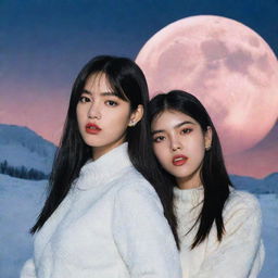 Recreate the album cover '1999 o como generar incendios de nieve con una lupa enfocada a la luna', featuring Lisa from Blackpink and Dua Lipa as the two main characters.