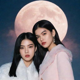 Recreate the album cover '1999 o como generar incendios de nieve con una lupa enfocada a la luna', featuring Lisa from Blackpink and Dua Lipa as the two main characters.