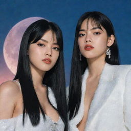 Recreate the album cover '1999 o como generar incendios de nieve con una lupa enfocada a la luna', featuring Lisa from Blackpink and Dua Lipa as the two main characters.