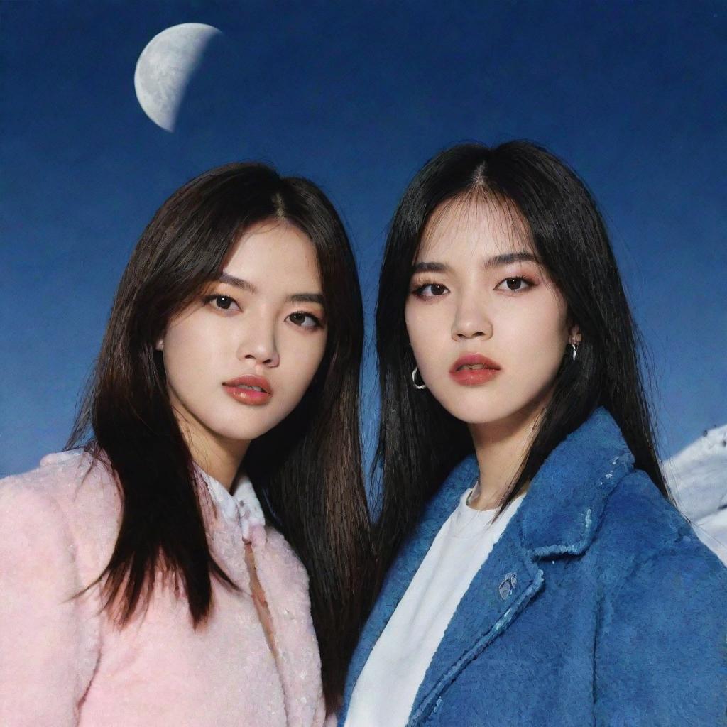 Recreate the album cover '1999 o como generar incendios de nieve con una lupa enfocada a la luna', featuring Lisa from Blackpink and Dua Lipa as the two main characters.