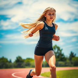 A beautiful, athletic high school girl, with long flowing blonde hair, wearing a form-fitting sports tank top and shorts, running on a scenic outdoor track