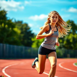 A beautiful, athletic high school girl, with long flowing blonde hair, wearing a form-fitting sports tank top and shorts, running on a scenic outdoor track