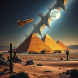 A stunning landscape featuring the majestic pyramids of Giza under a starry night sky