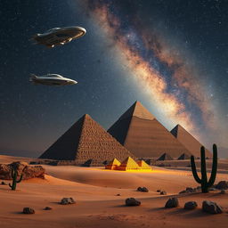 A stunning landscape featuring the majestic pyramids of Giza under a starry night sky