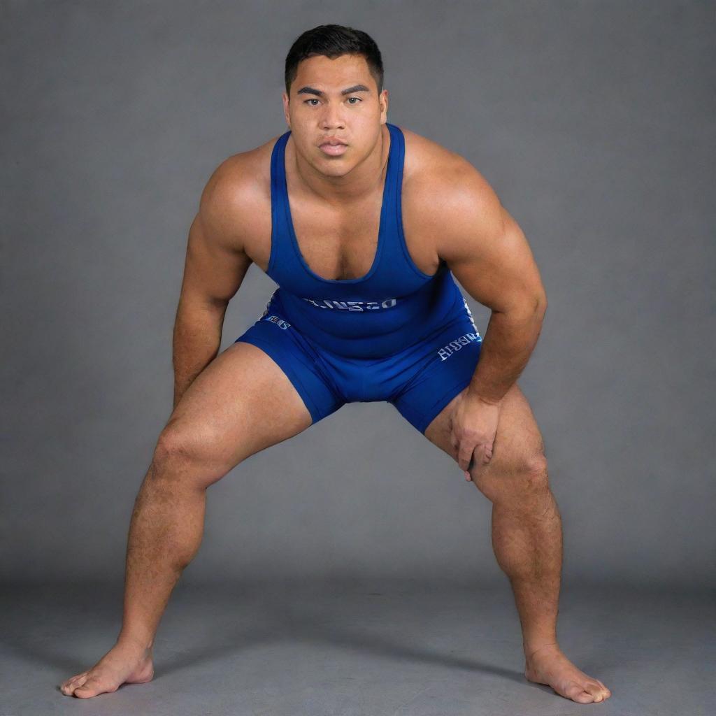 A 120-pound Samoan wrestler, slender and nimble, in an action pose, fitted in the team uniform displaying the Geneseo name and colors