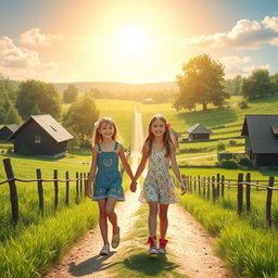 Two girls walk hand in hand through a scenic rural neighborhood, surrounded by lush green fields and charming country houses