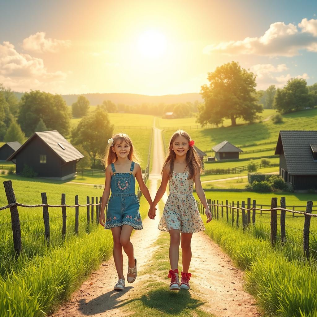 Two girls walk hand in hand through a scenic rural neighborhood, surrounded by lush green fields and charming country houses