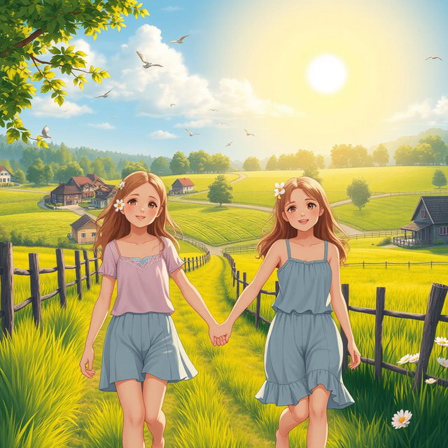 Two girls walk hand in hand through a scenic rural neighborhood, surrounded by lush green fields and charming country houses