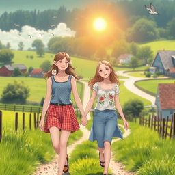 Two girls walk hand in hand through a scenic rural neighborhood, surrounded by lush green fields and charming country houses