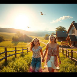 Two girls walk hand in hand through a scenic rural neighborhood, surrounded by lush green fields and charming country houses