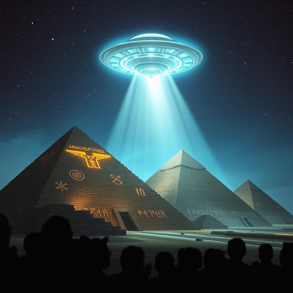 A captivating scene depicting ancient pyramids under the starry night sky, illuminated by a mysterious glowing beam from an extraterrestrial spacecraft hovering above