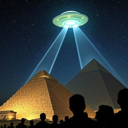 A captivating scene depicting ancient pyramids under the starry night sky, illuminated by a mysterious glowing beam from an extraterrestrial spacecraft hovering above