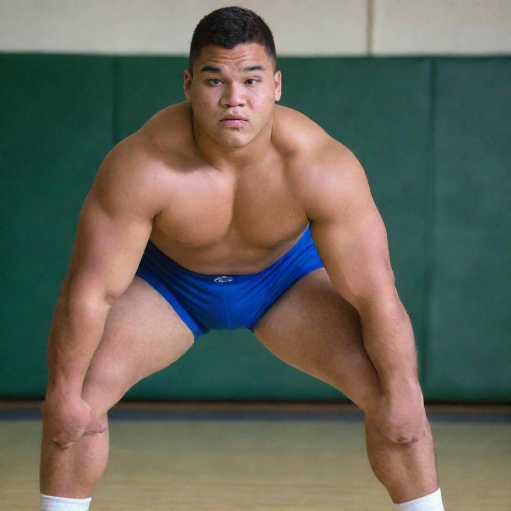 A 120-pound Samoan wrestler, slender and nimble, in an action pose, fitted in the team uniform displaying the Geneseo name and colors