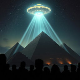 A captivating scene depicting ancient pyramids under the starry night sky, illuminated by a mysterious glowing beam from an extraterrestrial spacecraft hovering above