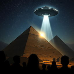 A captivating scene depicting ancient pyramids under the starry night sky, illuminated by a mysterious glowing beam from an extraterrestrial spacecraft hovering above