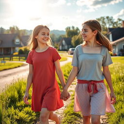 A photo realistic scene capturing two girls walking hand in hand through a picturesque rural neighborhood